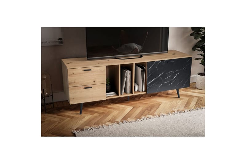 Lowboard Wohnling modernt spånskiva, 2 lådor, 1 dörr, förvaringsbrickor, metallben, modern stil Ek, Marmor, Svart - Ek, Marmor, Svart - Möbler - TV- & Mediamöbler - Mediastativ & väggfäste - Tv-stativ & Tv-väggfäste