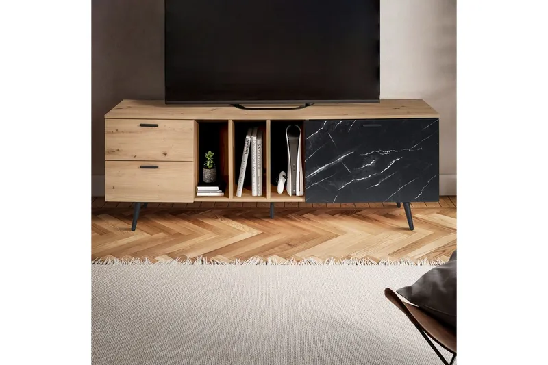 Lowboard Wohnling modernt spånskiva, 2 lådor, 1 dörr, förvaringsbrickor, metallben, modern stil Ek, Marmor, Svart - Ek, Marmor, Svart - Möbler - TV- & Mediamöbler - TV bänk & mediabänk