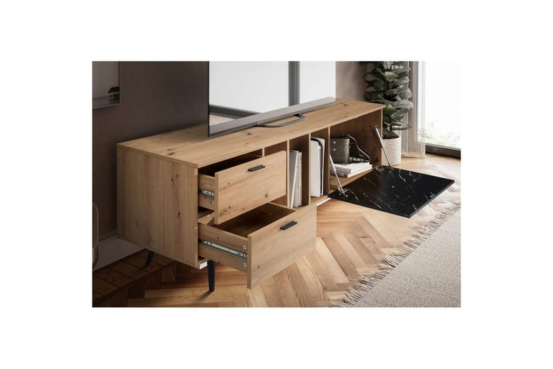 Lowboard Wohnling modernt spånskiva, 2 lådor, 1 dörr, förvaringsbrickor, metallben, modern stil Ek, Marmor, Svart - Ek, Marmor, Svart - Möbler - TV- & Mediamöbler - TV bänk & mediabänk