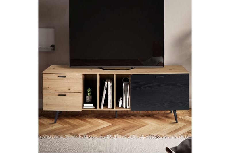 Lowboard Wohnling modernt spånskiva, 2 lådor, 1 dörr, förvaringsbrickor, metallben, modern stil Ek - Ek - Möbler - TV- & Mediamöbler - Mediastativ & väggfäste - Tv-stativ & Tv-väggfäste
