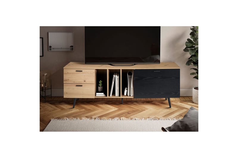 Lowboard Wohnling modernt spånskiva, 2 lådor, 1 dörr, förvaringsbrickor, metallben, modern stil Ek - Ek - Möbler - TV- & Mediamöbler - Mediastativ & väggfäste - Tv-stativ & Tv-väggfäste