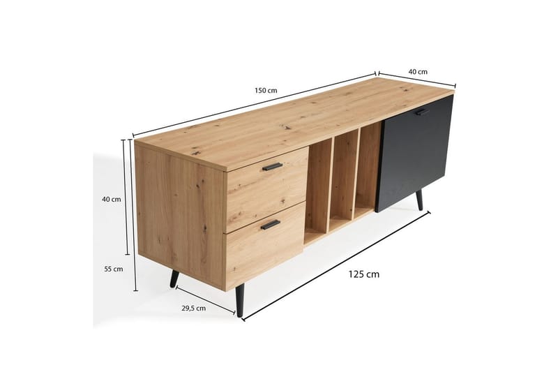 Lowboard Wohnling modernt spånskiva, 2 lådor, 1 dörr, förvaringsbrickor, metallben, modern stil Ek - Ek - Möbler - TV- & Mediamöbler - Mediastativ & väggfäste - Tv-stativ & Tv-väggfäste