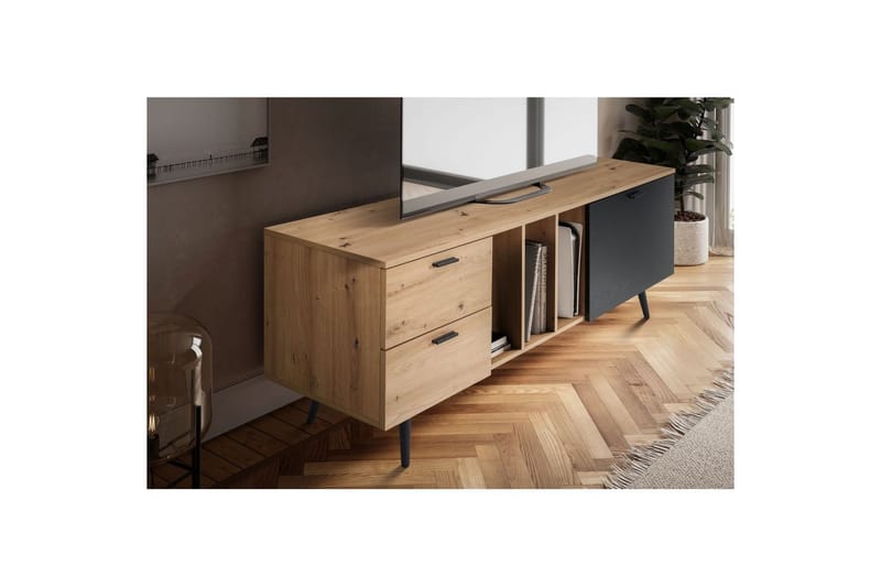 Lowboard Wohnling modernt spånskiva, 2 lådor, 1 dörr, förvaringsbrickor, metallben, modern stil Ek - Ek - Möbler - TV- & Mediamöbler - Mediastativ & väggfäste - Tv-stativ & Tv-väggfäste