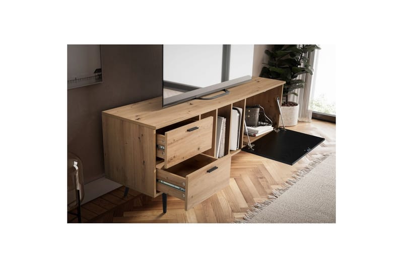 Lowboard Wohnling modernt spånskiva, 2 lådor, 1 dörr, förvaringsbrickor, metallben, modern stil Ek - Ek - Möbler - TV- & Mediamöbler - Mediastativ & väggfäste - Tv-stativ & Tv-väggfäste