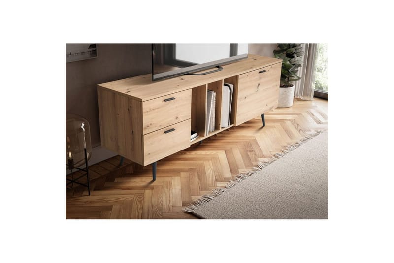 Lowboard Wohnling modernt spånskiva, 2 lådor, 1 dörr, förvaringsbrickor, metallben, modern stil Svart, Ek - Svart, Ek - Möbler - TV- & Mediamöbler - TV bänk & mediabänk