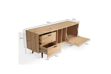 Lowboard Wohnling modernt spånskiva, 2 lådor, 1 dörr, förvaringsbrickor, metallben, modern stil Svart, Ek - Svart, Ek - Möbler - TV- & Mediamöbler - TV bänk & mediabänk