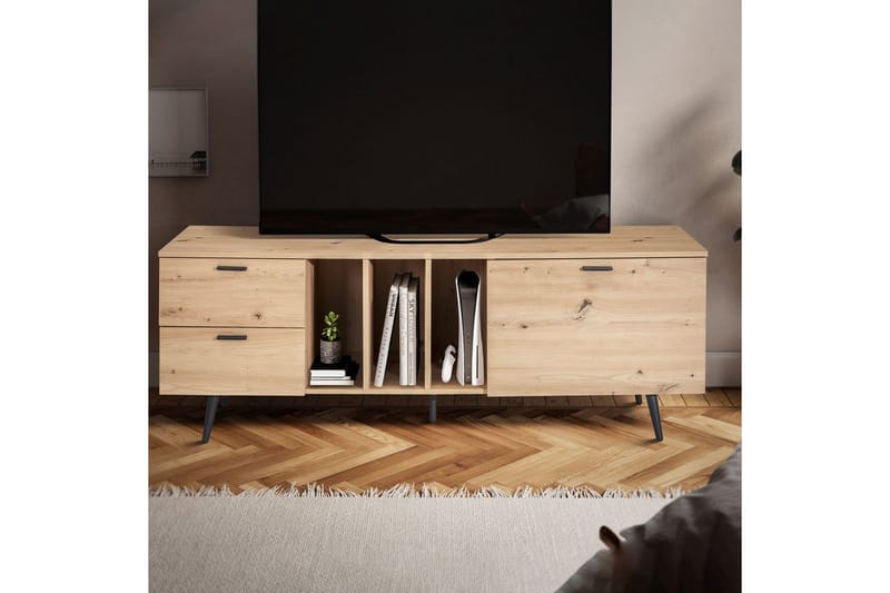 Lowboard Wohnling modernt spånskiva, 2 lådor, 1 dörr, förvaringsbrickor, metallben, modern stil Svart, Ek - Svart, Ek - Möbler - TV- & Mediamöbler - TV bänk & mediabänk