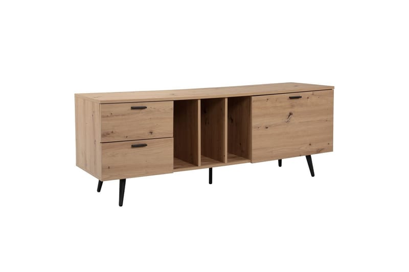 Lowboard Wohnling modernt spånskiva, 2 lådor, 1 dörr, förvaringsbrickor, metallben, modern stil Svart, Ek - Svart, Ek - Möbler - TV- & Mediamöbler - Mediastativ & väggfäste - Tv-stativ & Tv-väggfäste