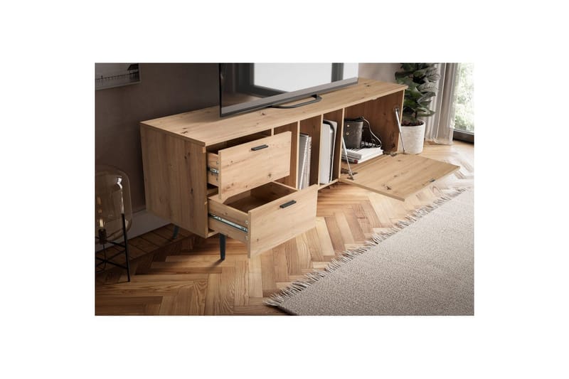 Lowboard Wohnling modernt spånskiva, 2 lådor, 1 dörr, förvaringsbrickor, metallben, modern stil Svart, Ek - Svart, Ek - Möbler - TV- & Mediamöbler - TV bänk & mediabänk