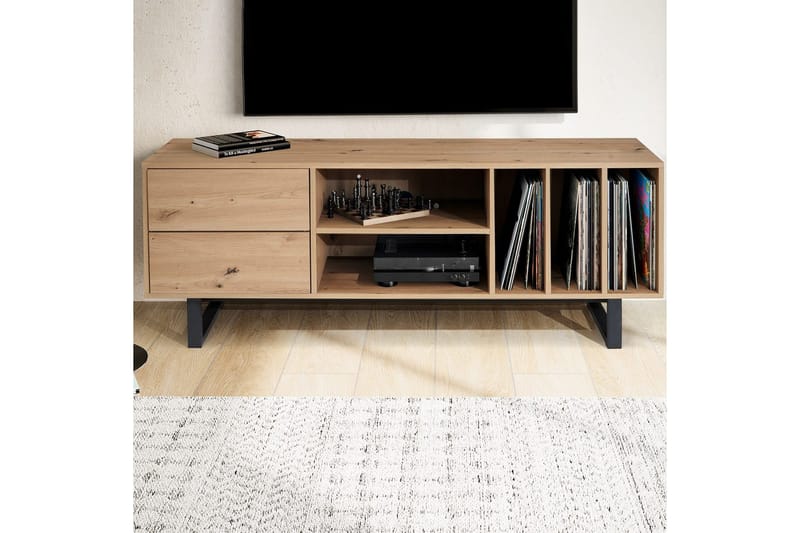 Lowboard Wohnling modernt spånskiva, 2 lådor, förvaringsbrickor, metallben, modern stil Ek - Ek - Möbler - TV- & Mediamöbler - TV bänk & mediabänk