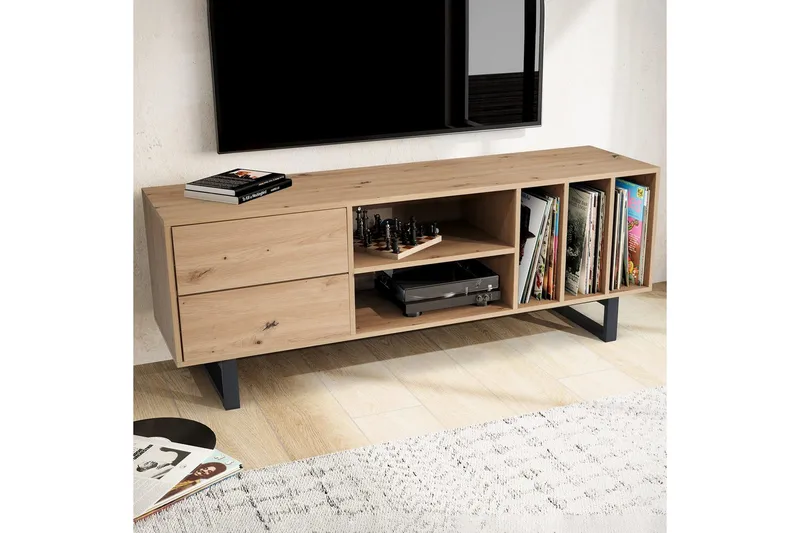 Lowboard Wohnling modernt spånskiva, 2 lådor, förvaringsbrickor, metallben, modern stil Ek - Ek - Möbler - TV- & Mediamöbler - TV bänk & mediabänk