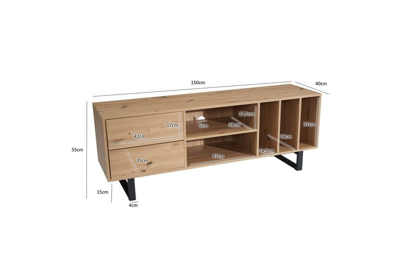 Lowboard Wohnling modernt spånskiva, 2 lådor, förvaringsbrickor, metallben, modern stil Ek - Ek - Möbler - TV- & Mediamöbler - TV bänk & mediabänk