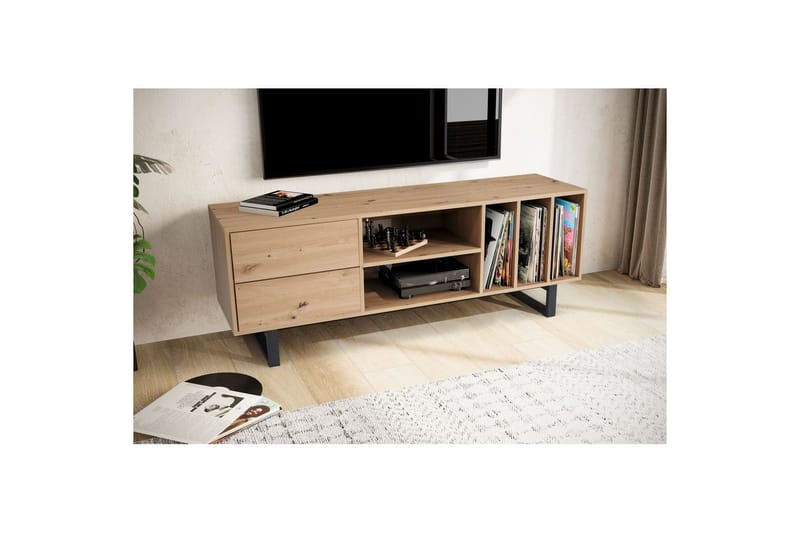 Lowboard Wohnling modernt spånskiva, 2 lådor, förvaringsbrickor, metallben, modern stil Ek - Ek - Möbler - TV- & Mediamöbler - Mediastativ & väggfäste - Tv-stativ & Tv-väggfäste