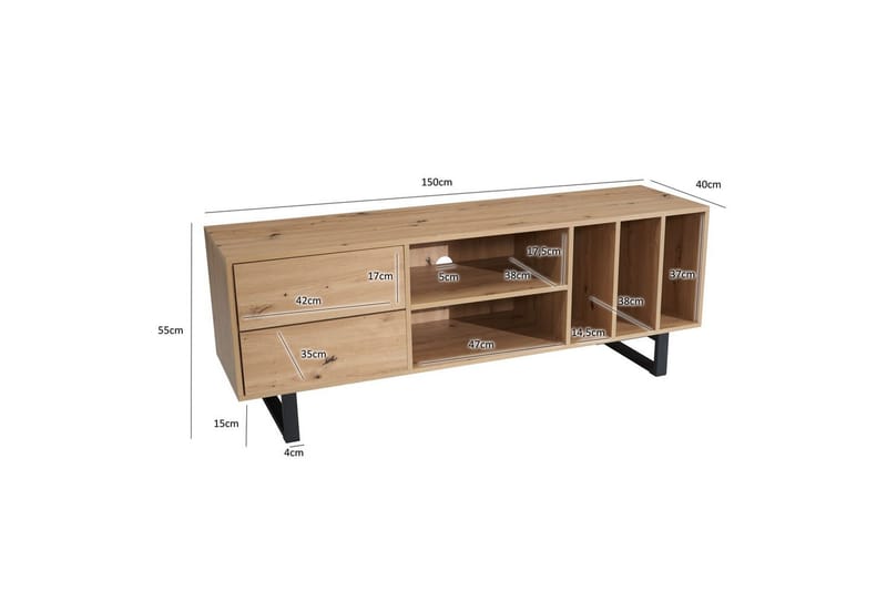 Lowboard Wohnling modernt spånskiva, 2 lådor, förvaringsbrickor, metallben, modern stil Ek - Ek - Möbler - TV- & Mediamöbler - Mediastativ & väggfäste - Tv-stativ & Tv-väggfäste