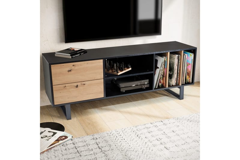 Lowboard Wohnling modernt spånskiva, 2 lådor, förvaringsbrickor, metallben, modern stil Svart, Ek - Svart, Ek - Möbler - TV- & Mediamöbler - Mediastativ & väggfäste - Tv-stativ & Tv-väggfäste