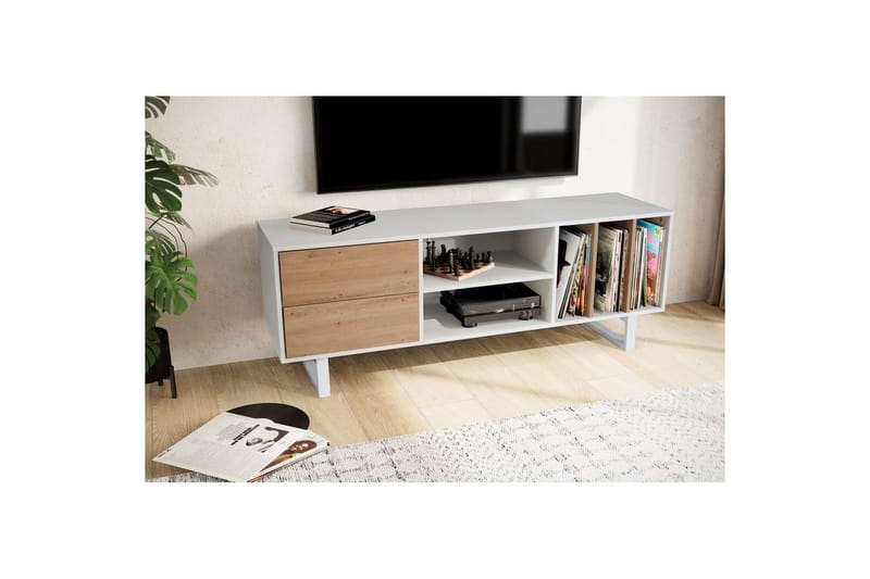 Lowboard Wohnling modernt spånskiva, 2 lådor, förvaringsbrickor, metallben, modern stil Vit, ek - Vit, ek - Möbler - TV- & Mediamöbler - TV bänk & mediabänk