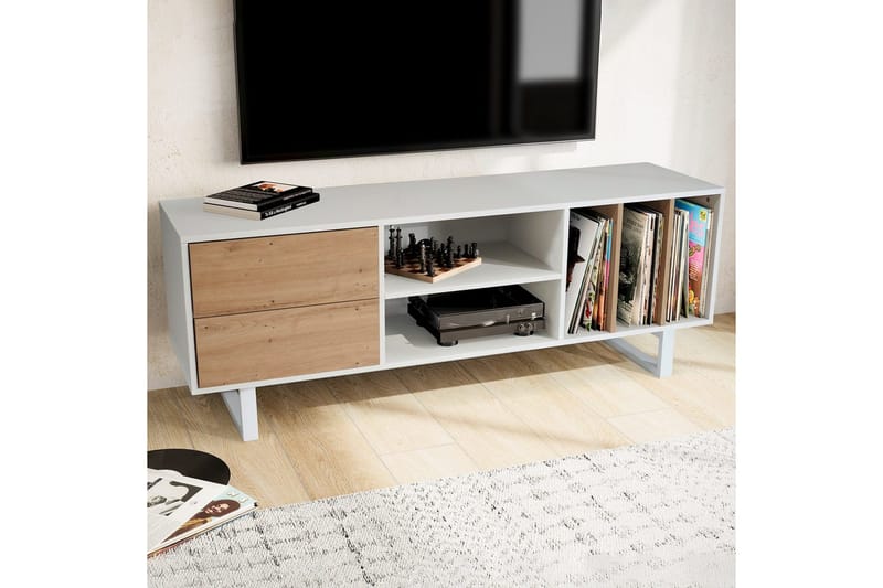 Lowboard Wohnling modernt spånskiva, 2 lådor, förvaringsbrickor, metallben, modern stil Vit, ek - Vit, ek - Möbler - TV- & Mediamöbler - TV bänk & mediabänk