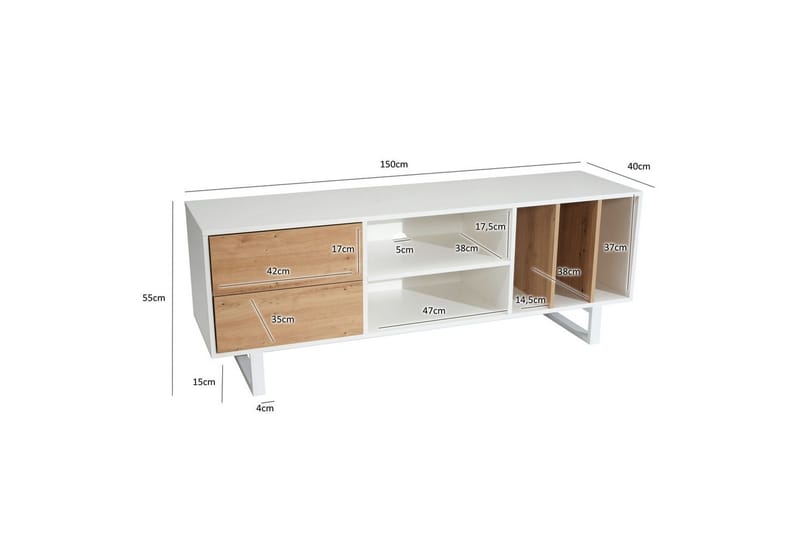 Lowboard Wohnling modernt spånskiva, 2 lådor, förvaringsbrickor, metallben, modern stil Vit, ek - Vit, ek - Möbler - TV- & Mediamöbler - Mediastativ & väggfäste - Tv-stativ & Tv-väggfäste