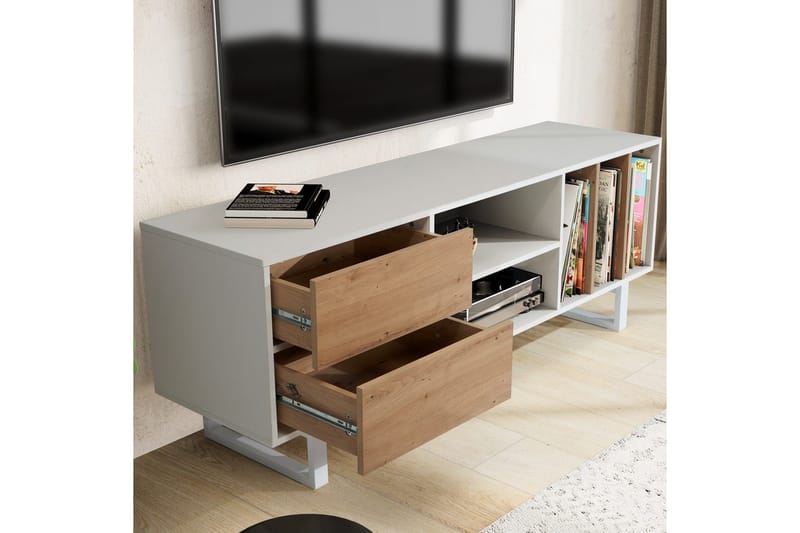 Lowboard Wohnling modernt spånskiva, 2 lådor, förvaringsbrickor, metallben, modern stil Vit, ek - Vit, ek - Möbler - TV- & Mediamöbler - Mediastativ & väggfäste - Tv-stativ & Tv-väggfäste
