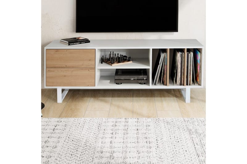 Lowboard Wohnling modernt spånskiva, 2 lådor, förvaringsbrickor, metallben, modern stil Vit, ek - Vit, ek - Möbler - TV- & Mediamöbler - TV bänk & mediabänk