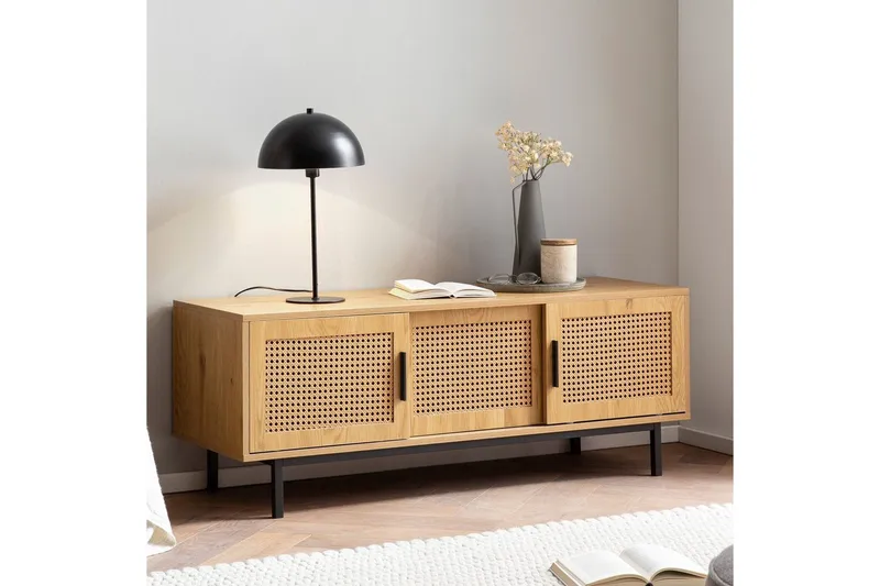 Lowboard Wohnling spånskiva folierad med 2 skjutdörrar, wienflät, modern stil Ek - Ek - Möbler - TV- & Mediamöbler - TV bänk & mediabänk