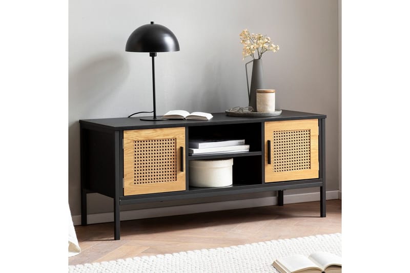 Lowboard Wohnling spånskiva folierad med 2 skjutdörrar, wienflät, modern stil Svart, Ek - Svart, Ek - Möbler - TV- & Mediamöbler - Mediastativ & väggfäste - Tv-stativ & Tv-väggfäste