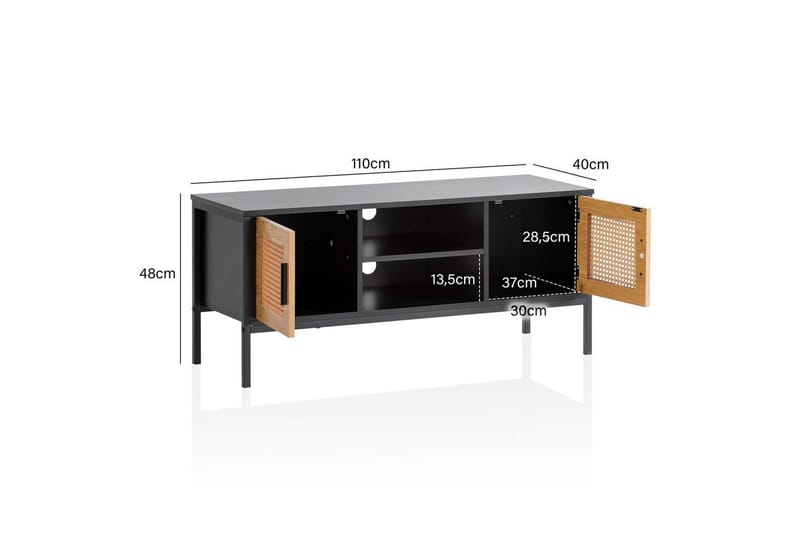 Lowboard Wohnling spånskiva folierad med 2 skjutdörrar, wienflät, modern stil Svart, Ek - Svart, Ek - Möbler - TV- & Mediamöbler - TV bänk & mediabänk