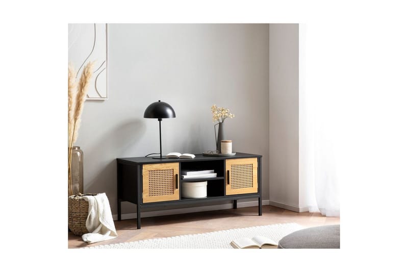 Lowboard Wohnling spånskiva folierad med 2 skjutdörrar, wienflät, modern stil Svart, Ek - Svart, Ek - Möbler - TV- & Mediamöbler - TV bänk & mediabänk