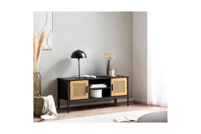 Lowboard Wohnling spånskiva folierad med 2 skjutdörrar, wienflät, modern stil Svart, Ek - Svart, Ek - Möbler - TV- & Mediamöbler - TV bänk & mediabänk