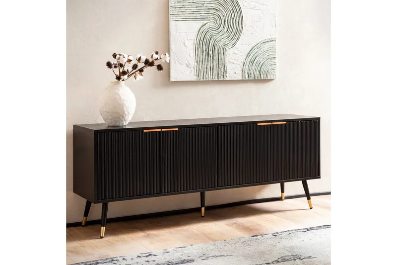 Lowboard Wohnling Spånskiva Svart Folierad med 2 Dörrar Modern Ek med Metallben - Möbler - TV- & Mediamöbler - TV bänk & mediabänk