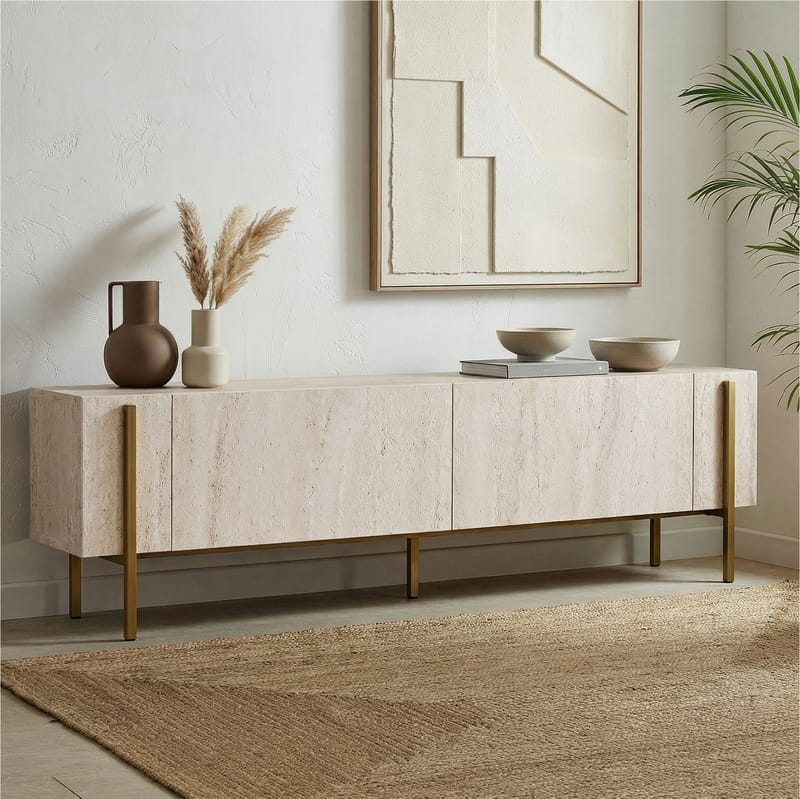 Nexus TV-bänk 180 cm - Travertin och guld - Möbler - TV- & Mediamöbler - Mediastativ & väggfäste - Tv-stativ & Tv-väggfäste