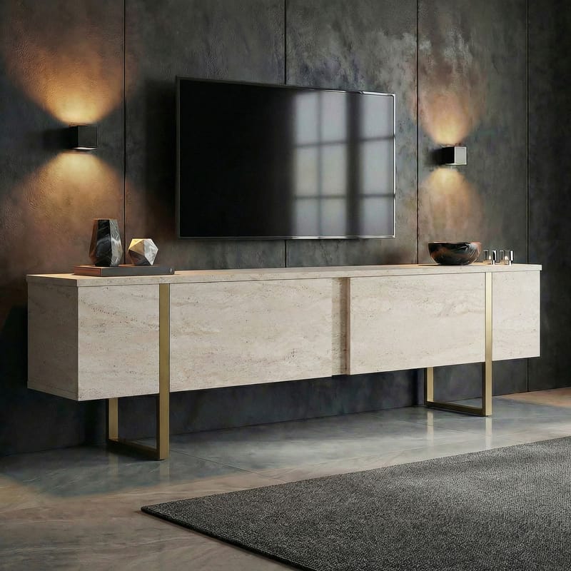 Nopira TV-bänk 180 cm - Travertin och guld - Möbler - TV- & Mediamöbler - Mediastativ & väggfäste - Tv-stativ & Tv-väggfäste