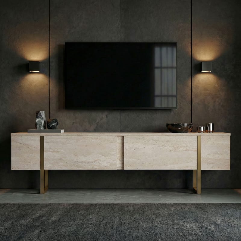 Nopira TV-bänk 180 cm - Travertin och guld - Möbler - TV- & Mediamöbler - Mediastativ & väggfäste - Tv-stativ & Tv-väggfäste