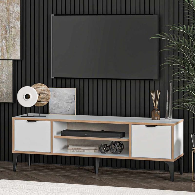 Olyros Tv-bänk 140 cm med Förvaring i Trä med Metallben - Vit - Möbler - TV- & Mediamöbler - TV bänk & mediabänk