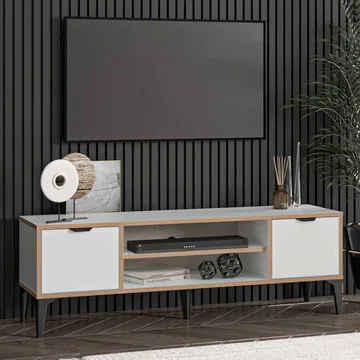 Olyros Tv-bänk 140 cm med Förvaring i Trä med Metallben - Vit - Möbler - TV- & Mediamöbler - TV bänk & mediabänk