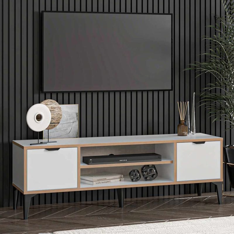 Olyros Tv-bänk 140 cm med Förvaring i Trä med Metallben - Vit - Möbler - TV- & Mediamöbler - TV bänk & mediabänk
