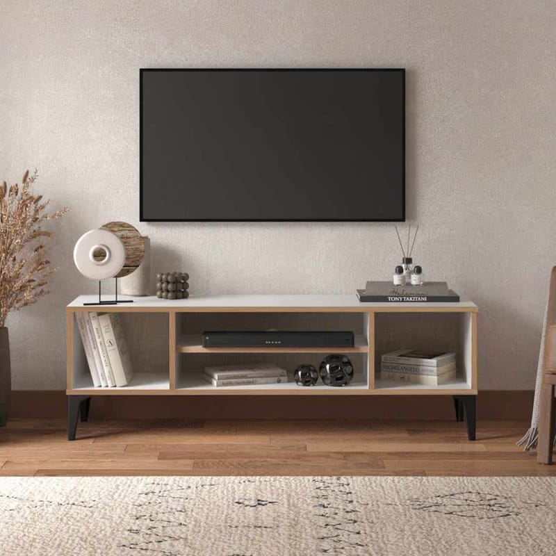 Olyros Tv-bänk 140 cm med Förvaring i Trä med Metallben - Vit - Möbler - TV- & Mediamöbler - TV bänk & mediabänk