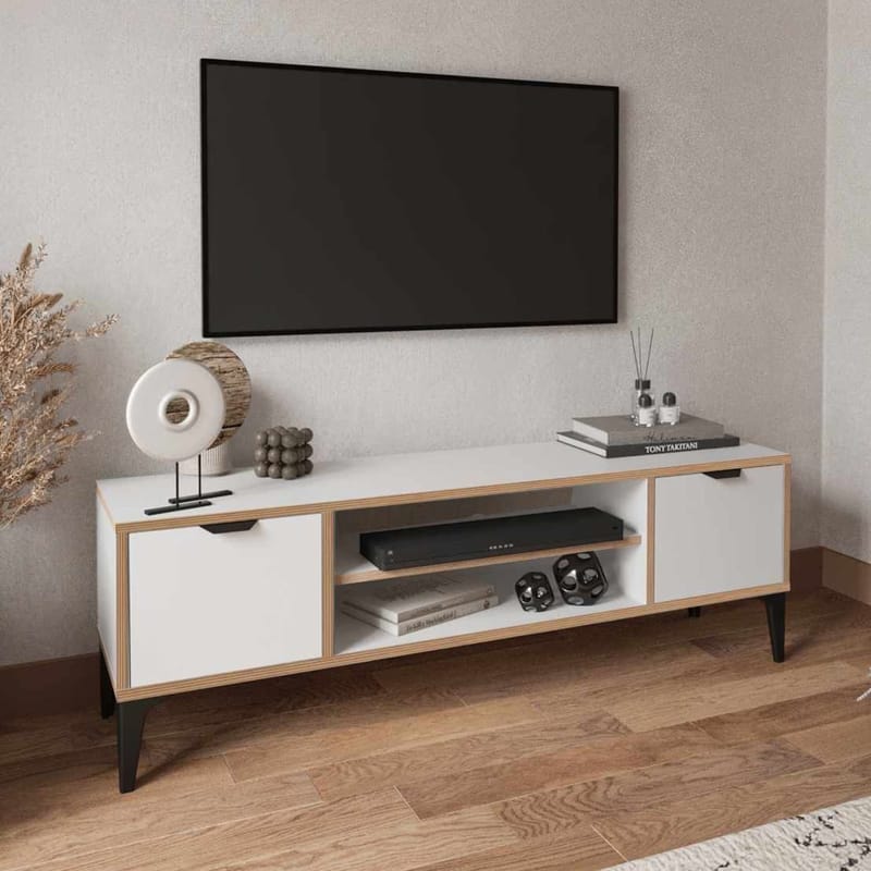 Olyros Tv-bänk 140 cm med Förvaring i Trä med Metallben - Vit - Möbler - TV- & Mediamöbler - TV bänk & mediabänk
