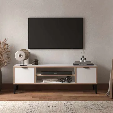 Olyros Tv-bänk 140 cm med Förvaring i Trä med Metallben - Vit - Möbler - TV- & Mediamöbler - TV bänk & mediabänk