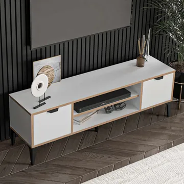Olyros Tv-bänk 140 cm med Förvaring i Trä med Metallben - Vit - Möbler - TV- & Mediamöbler - TV bänk & mediabänk