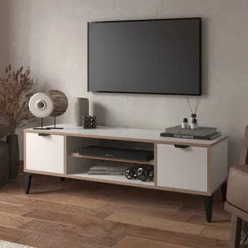 Olyros Tv-bänk 140 cm med Förvaring i Trä med Metallben - Vit - Möbler - TV- & Mediamöbler - TV bänk & mediabänk