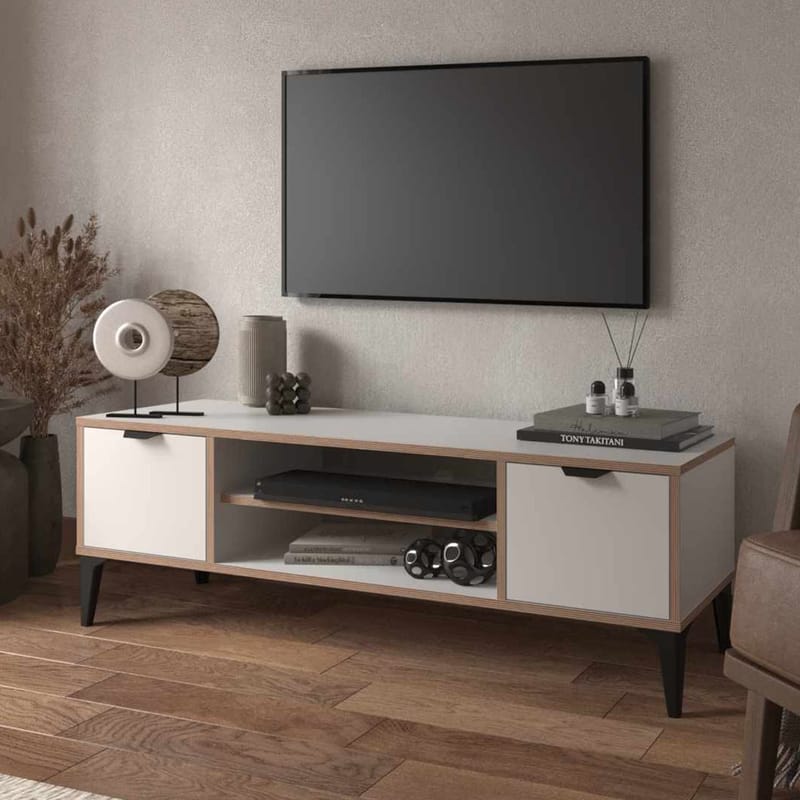 Olyros Tv-bänk 140 cm med Förvaring i Trä med Metallben - Vit - Möbler - TV- & Mediamöbler - TV bänk & mediabänk
