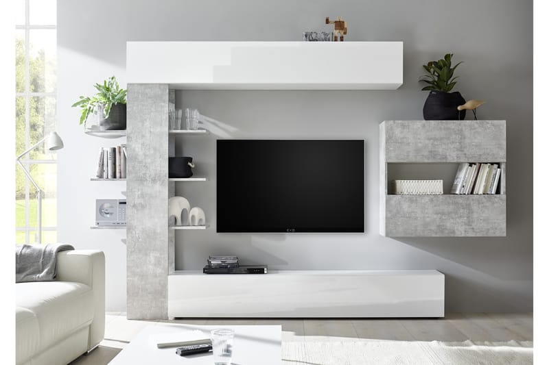 Väggkombination Selvena 295 cm med Hylla - Vit|Grå - Möbler - TV- & Mediamöbler - Mediastativ & väggfäste - Tv-stativ & Tv-väggfäste