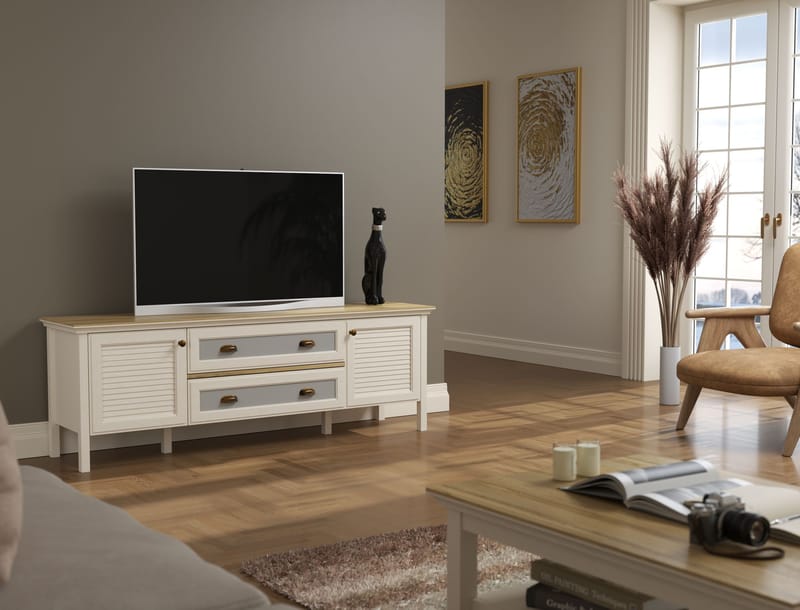 Vopira TV-bänk 180 cm - Crème, ek, grå - Möbler - TV- & Mediamöbler - Mediastativ & väggfäste - Tv-stativ & Tv-väggfäste