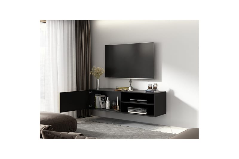 Meorati Vägghängd TV-bänk 150 cm med Förvaring i Ek - Svart - Möbler - TV- & Mediamöbler - TV bänk & mediabänk