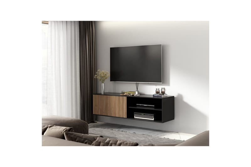Meorati Vägghängd TV-bänk 150 cm med Förvaring i Ek - Svart - Möbler - TV- & Mediamöbler - TV bänk & mediabänk