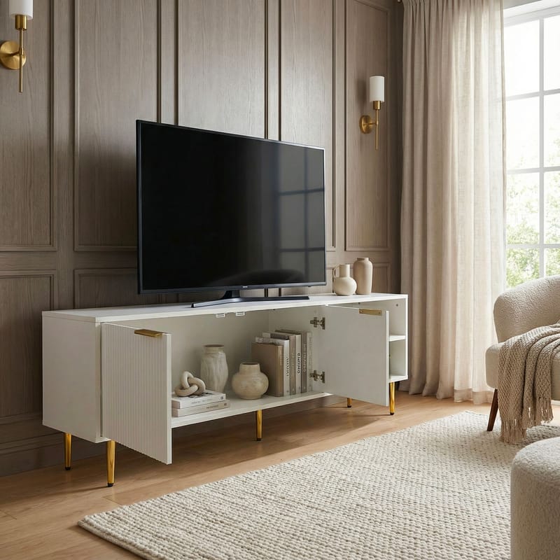 Morela TV-bänk 150 cm - Vit med guldfärgade detaljer - Möbler - TV- & Mediamöbler - TV bänk & mediabänk
