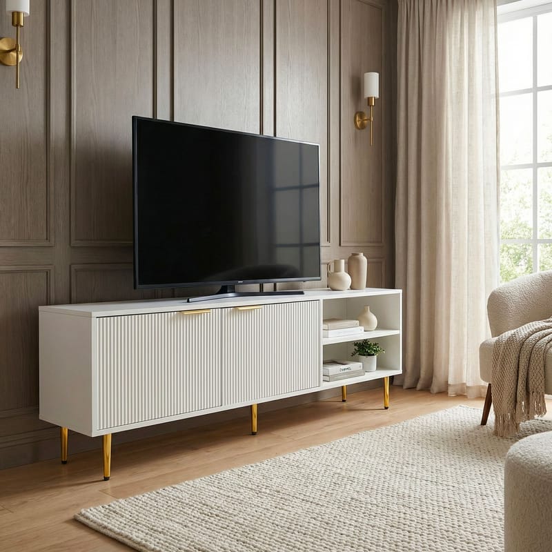 Morela TV-bänk 150 cm - Vit med guldfärgade detaljer - Möbler - TV- & Mediamöbler - TV bänk & mediabänk