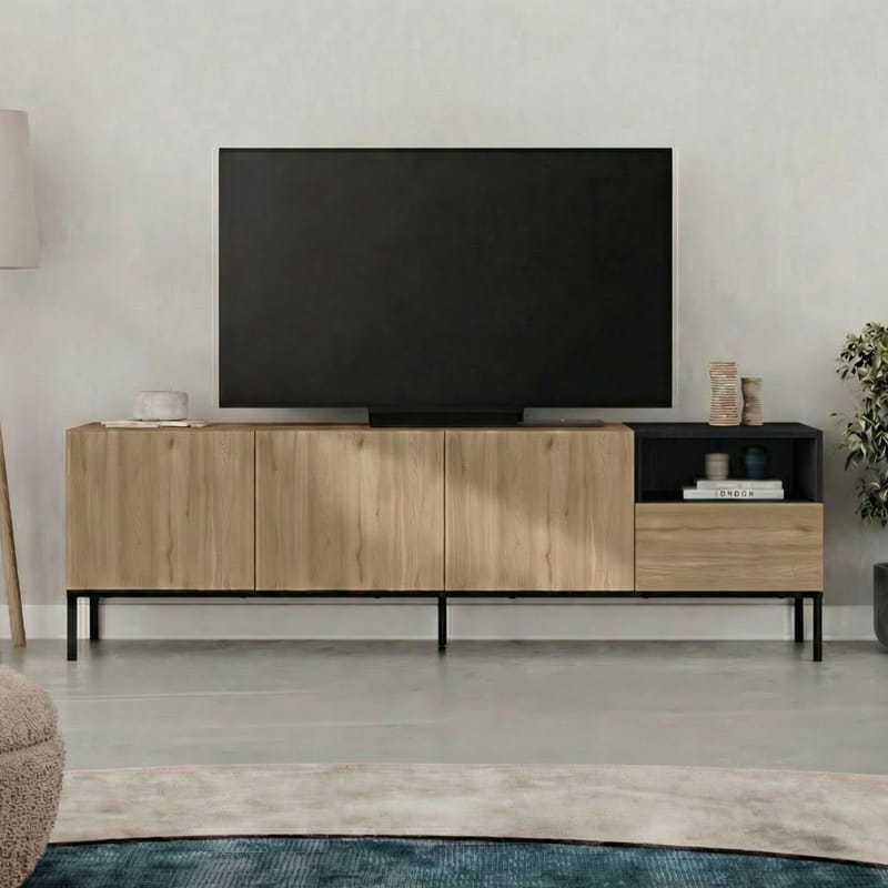 Morlen TV-bänk 180x55x41,8 cm - naturfärgad ek, svart, sandstone - Möbler - TV- & Mediamöbler - TV bänk & mediabänk