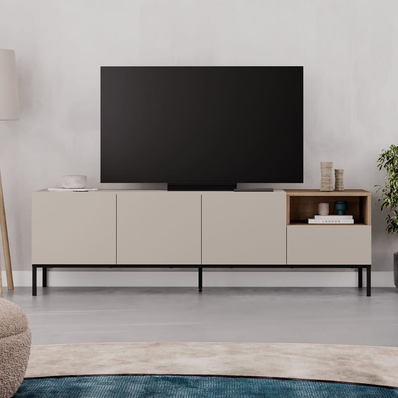 Morlen TV-bänk 180x55x41,8 cm - sandsten, naturlig ek och svart - Möbler - TV- & Mediamöbler - TV bänk & mediabänk